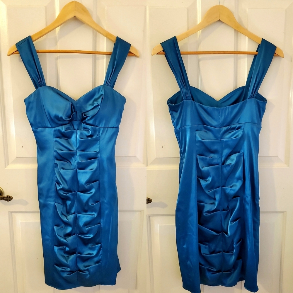 Morgan & Co Teal Rouched Satin Dress